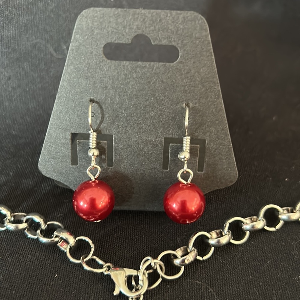 NWT SET Red bauble large bead and chain statement multilayered NECKLACE EARRINGS - Picture 5 of 7